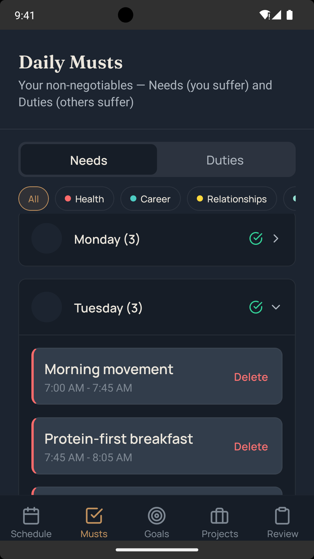 Epok Musts screen showing Needs and Duties for today