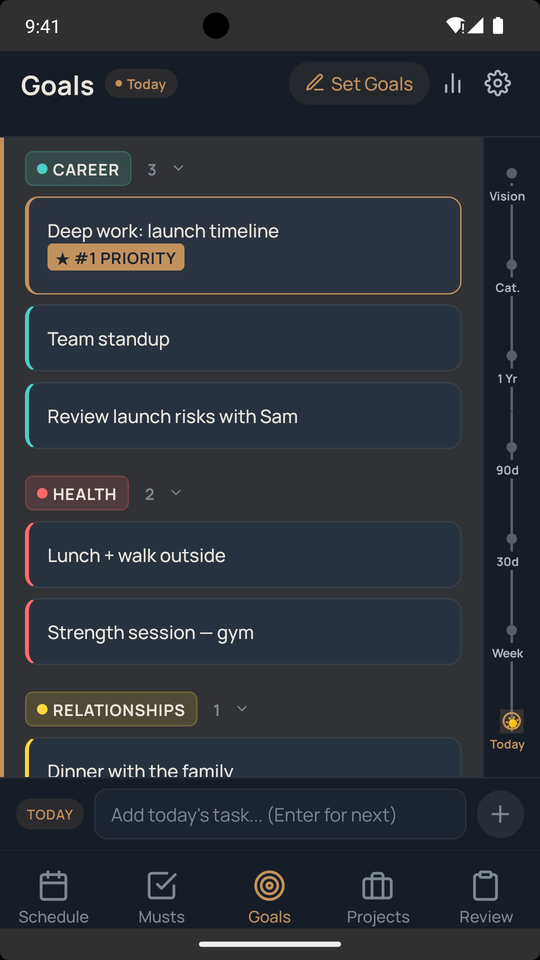 Epok's Today screen — time-blocked day with the #1 priority pinned