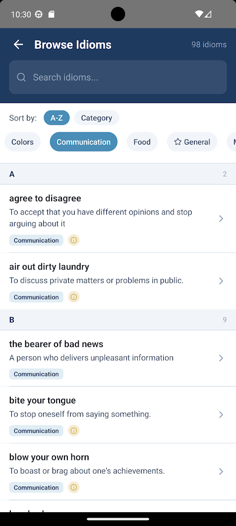 Browse idioms by topic screen