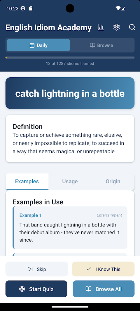 Daily idiom lesson screen