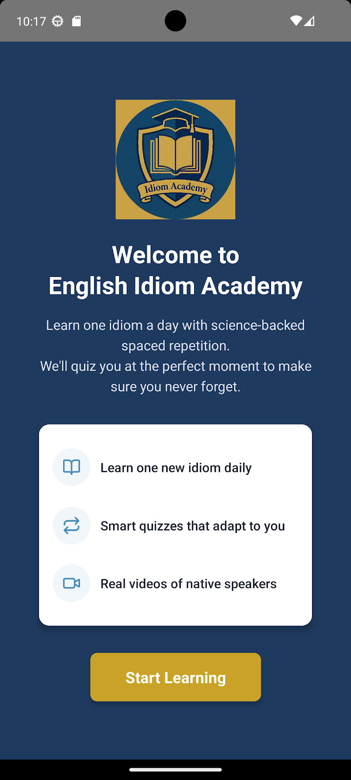 English Idiom Academy app welcome screen