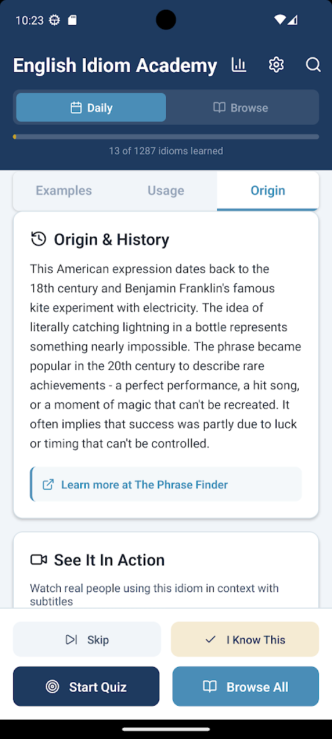 Idiom origin and history screen