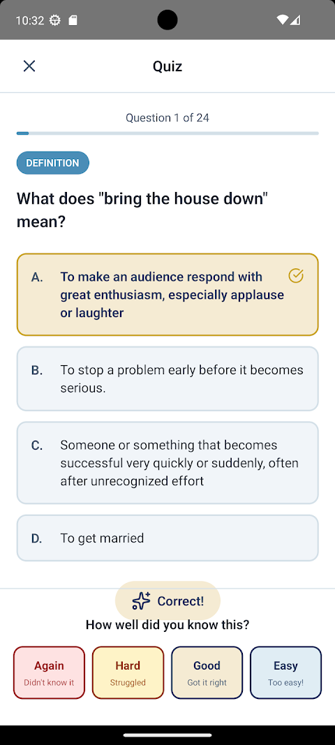 Spaced repetition quiz screen